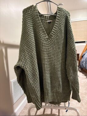 American Eagle Oversized V-Neck Knit Sweater - Olive Green